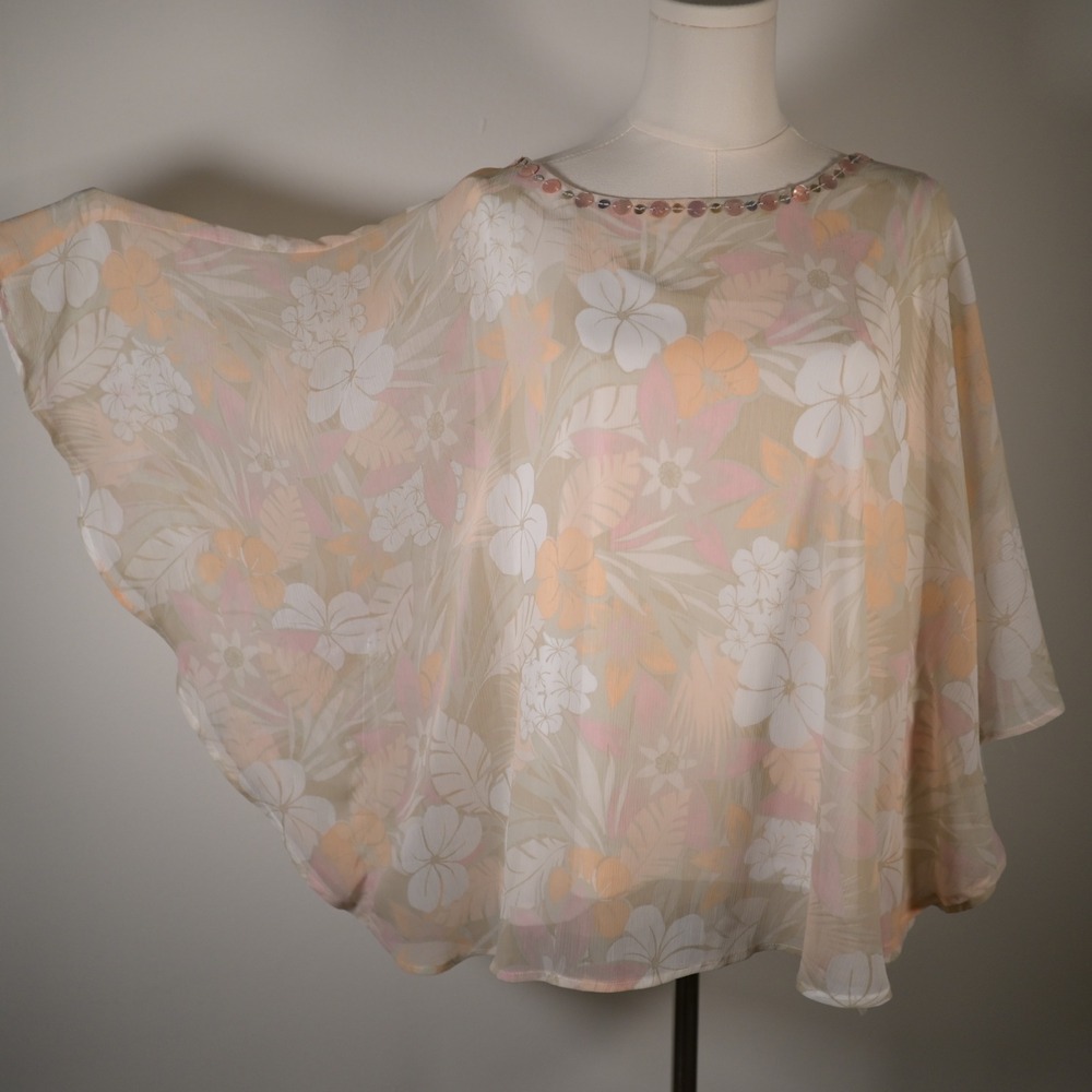 Ruby Rd Womens XL Floral Chiffon Poncho Blouse Sequin Neck Butterfly Sleeve Top